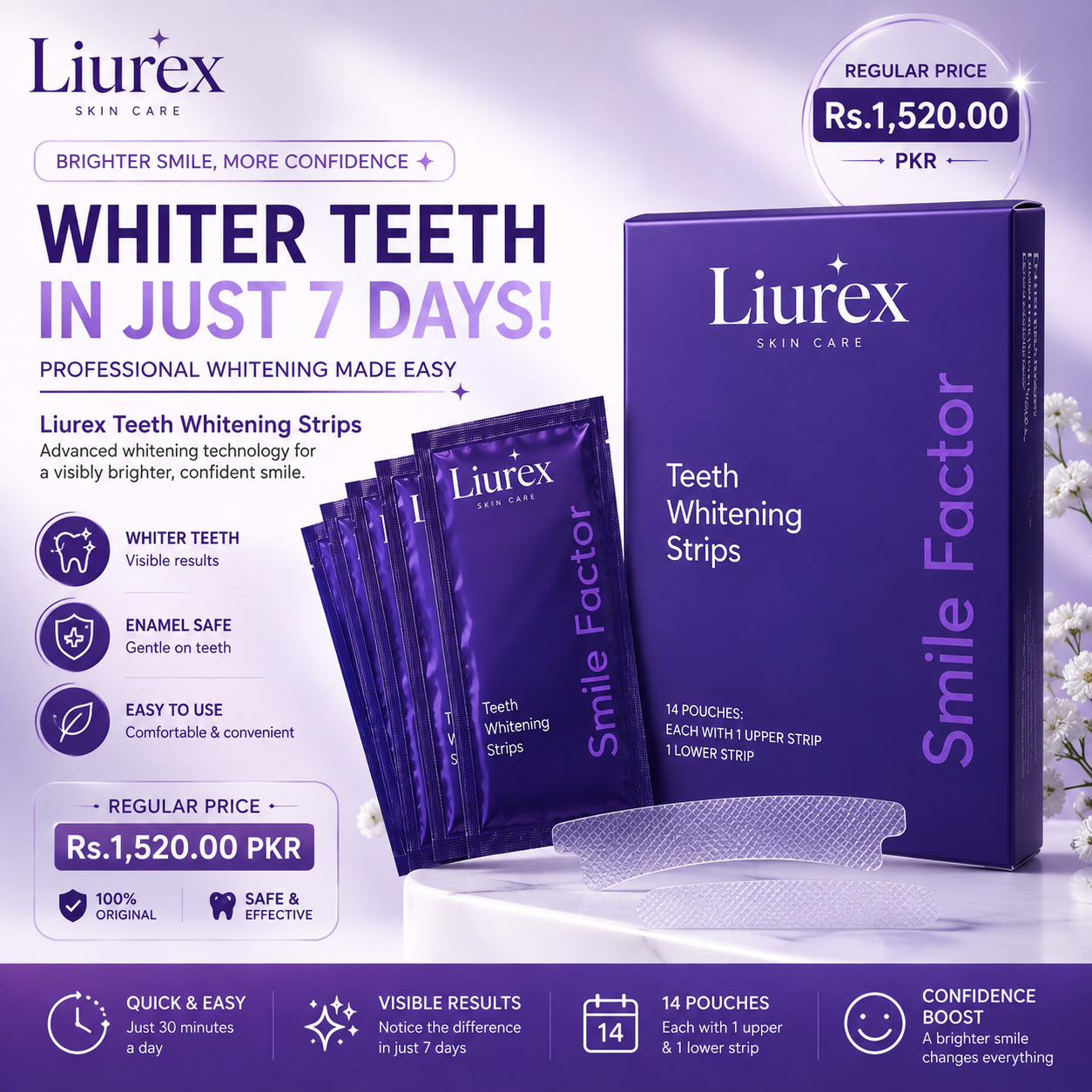 Daanisha Purple Teeth Whitening Strips – Professional Smile Whitening Kit (14 Pouches)